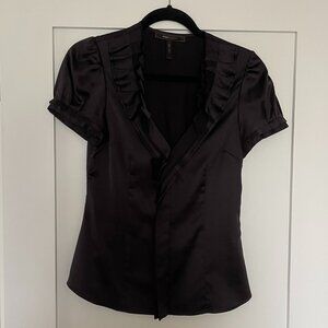 BCBGMAXAZRIA Black Silky Blouse Ruffle Puff Short Sleeve Size XS